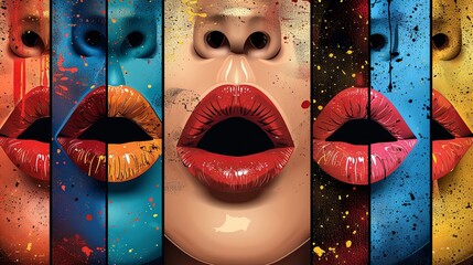 Colorful Pop Art Lips and Eyes on a Multicolored Background with Splatters