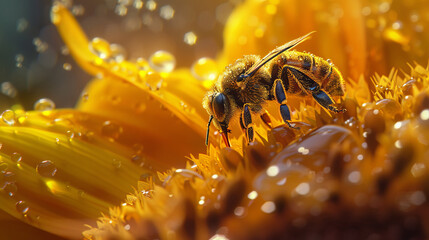 A photo of a bee on a sunflower petal, with drops of water, reveals the mysterious world of small creatures.