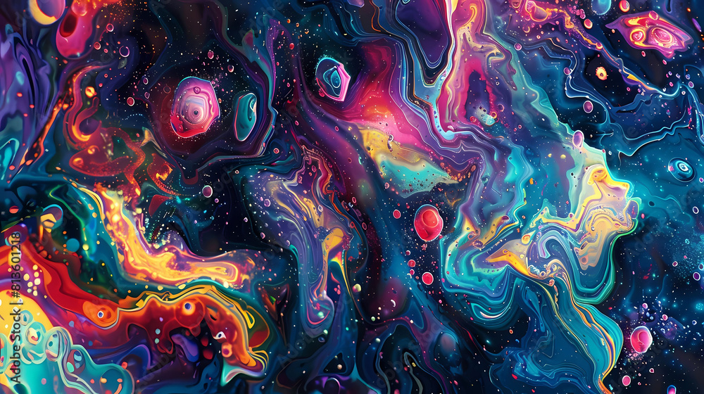 Poster abstract psychedelic dream painting featuring a colorful array of shapes and sizes, including a tria