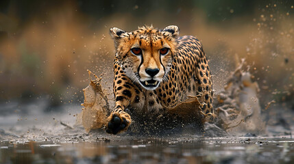 A slow-motion video of the moment when the cheetah soars out of the mud captures its power and grace in every movement.
