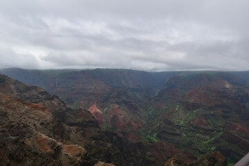 Beautiful view of the Waimea Canyon under a cloudy sky in Hawaii.