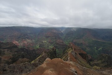 Beautiful view of the Waimea Canyon under a cloudy sky in Hawaii.