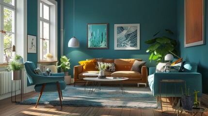 Coastal Home Office with Teal Walls and Modern Decor, Ideal for Relaxing and Productive Spaces