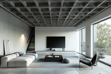 Modern minimalist living room with an architectural ceiling, clean lines, and a cool monochrome palette.