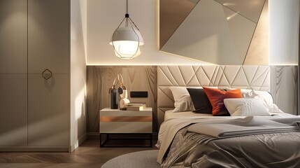 A bedroom with a modern, geometric headboard, a stylish bedside table, and a chic, pendant light