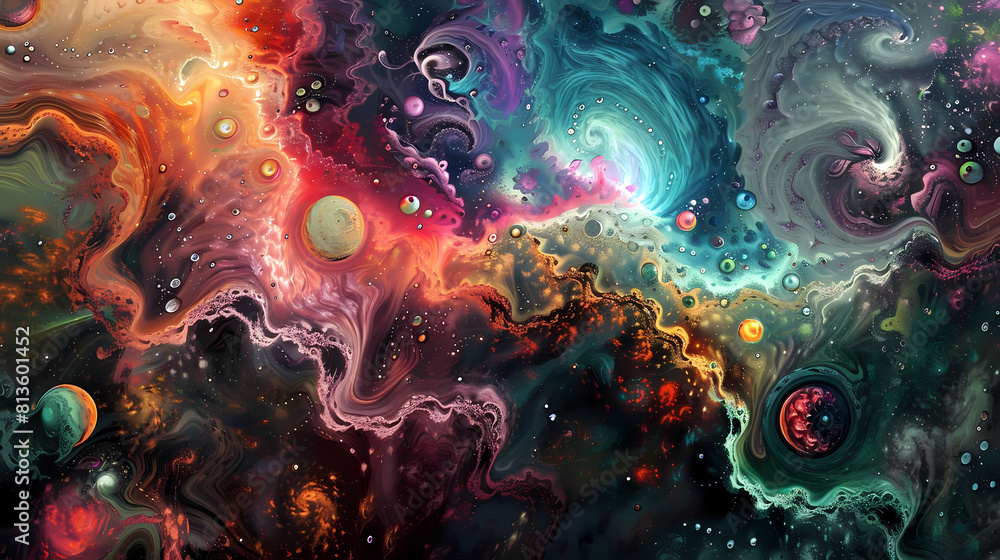 Poster abstract psychedelic dream art featuring a colorful array of shapes and sizes, including a triangle,