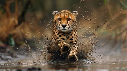 A slow shot of a cheetah soaring up out of the mud freezes in the air, showing all the grace and strength of a predator.