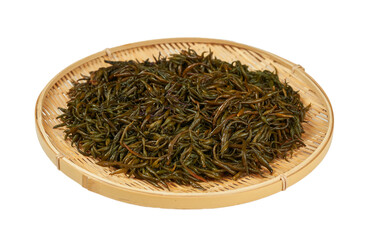 fresh hijiki or tot seaweed isolated on white background in bamboo plate
