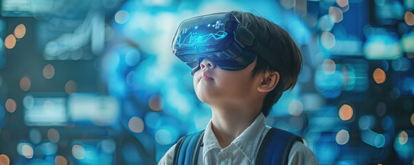 A young boy wearing a virtual reality headset is looking up at a blue background. Concept of wonder and excitement as the boy explores a new world through the VR headset