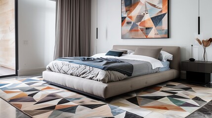 A bedroom with a modern, geometric rug, a low-profile bed, and a statement piece of wall art