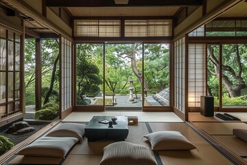 Japanese Zen style living room interior design. Generative Ai