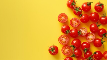 A pile of vibrant cherry tomatoes surrounded by some halved cherry tomatoes