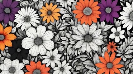 Abstract background of colorful and white flowers in different color as a wallpaper. Blue, yellow, pink, purple, orange, red
