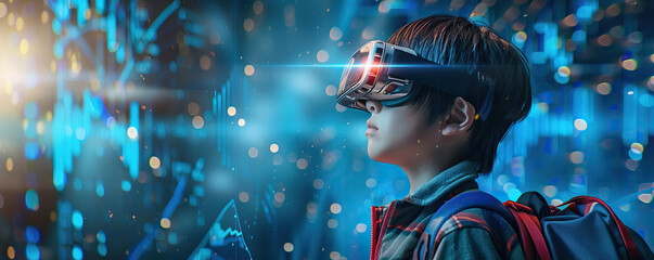 A boy wearing a virtual reality headset is looking at a computer screen. Concept of wonder and excitement as the boy explores a new world through the VR headset