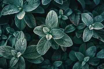 Frozen green leaves of a plant during the winter. Generative Ai