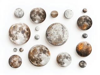 Moons Depiction of natural satellites orbiting planets, focusing on their varying surfaces and sizes, isolated on white background.