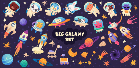 Big Space animal and ufo alien set. Panda, Dog, fox, tiger, cat in spacesuit, galaxy bundle. Astronauts, spaceship, cartoon animal. Vector illustration for kids design © Foxelle