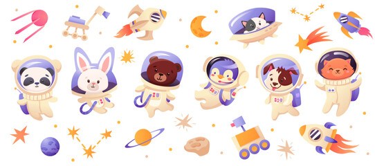 Big set of cute astronauts animals in space, with rocket, spaceships, planets, stars on white background. Cartoon vector illustration.