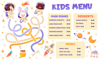 Kids menu with cute character animal in spacesuit, planets and rocket. Children menu meal design template and labyrinth. Cosmos background for children board game