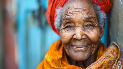 Portrait of an elderly African woman, with deep wrinkles and piercing eyes, reflects her unique personality.