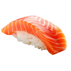 A close-up of a piece of sushi with salmon on top.