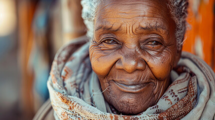 An elderly woman from Africa with deep wrinkles and kind eyes reflects her unique beauty and strength of spirit.