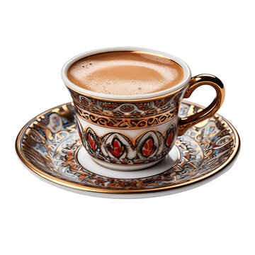 A traditional Turkish coffee cup with intricate patterns and a golden handle, sitting on a matching saucer.