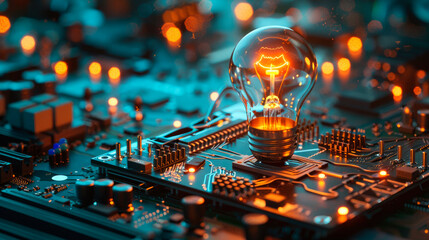 Abstract virtual idea concept with light bulb on a computer processor. AI generated