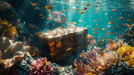 Underwater coral reef bustling with colorful fish and a hidden treasure chest