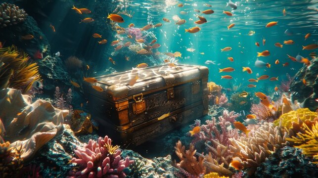 Underwater coral reef bustling with colorful fish and a hidden treasure chest