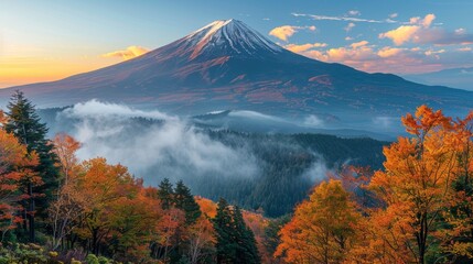Breathtaking View of Mount Fuji Surrounded by Vibrant Autumn Trees and Misty Clouds at Sunrise - Powered by Adobe