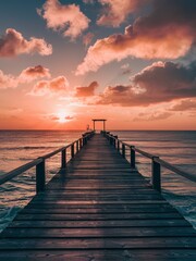 Obraz premium Seascape view sunset with A wooden pier that stretches out to the sea and cloudy sky