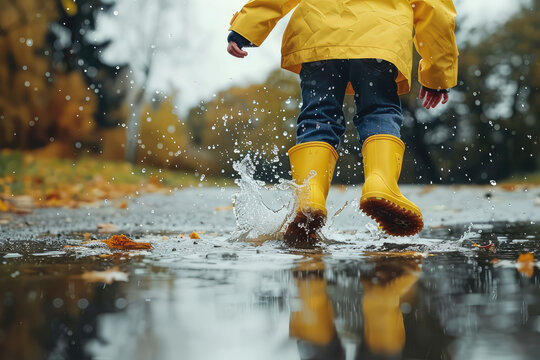 Close up Child in rubber boots and yellow raincoat jumping in puddle