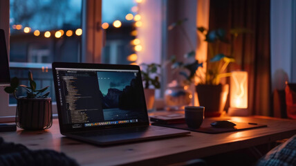 laptop on desk in night office
