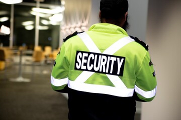 Rear view of a person in a neon green jacket with a security sign
