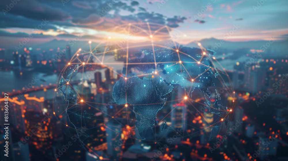 Poster interconnected global cloud computing network bridging digital data across cities and countries