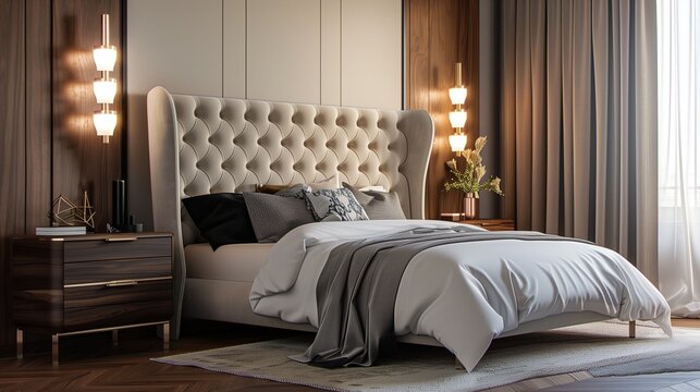 A bedroom with a modern, upholstered bed, a stylish nightstand, and a designer wall sconce