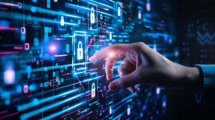 Business hand clicks virtual screen to ​the icon security on the virtual display to Data protection Cyber Security Privacy