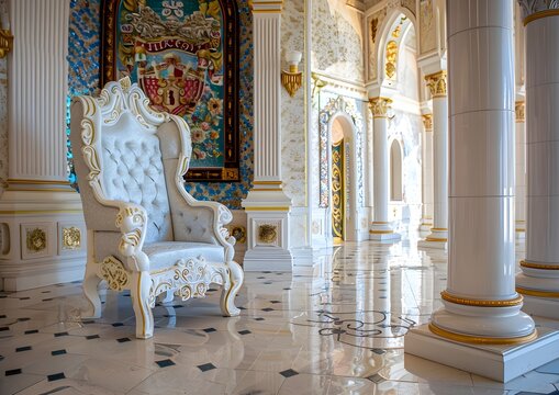 Gold, white, throne chair, luxury, royalty, elegant, regal, ornate, opulent, royal furniture, majestic, king, queen, monarchy, grandeur, lavish, golden, ceremonial, prestige, glamour, royal seat, fanc