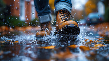  brown boots splashing in puddles on an autumn day
