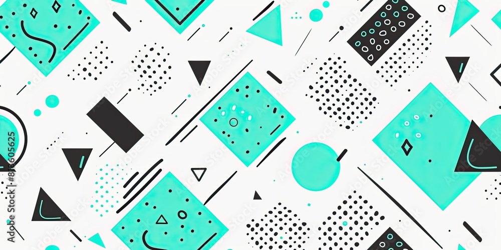 Poster 80s style pattern with simple shapes and lines on a white background, using a teal green and black c