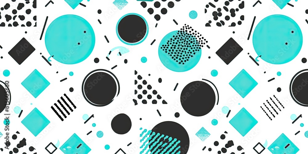 Poster 80s style pattern with simple shapes and lines on a white background, using a teal green and black c