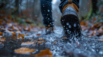 closeup of feet and boots splashing in puddles on an autumn trail,