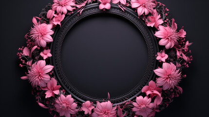 circle black frame in floral design light pink