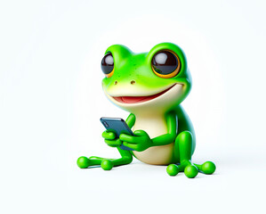Cute green frog cartoon character happily using a smartphone, isolated on white