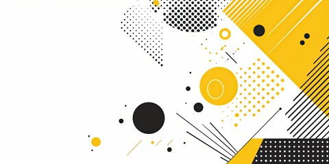 A simple vector graphic design of an abstract pattern using black, white and yellow on the right side with small shapes and dots. It is on top of a plain white background