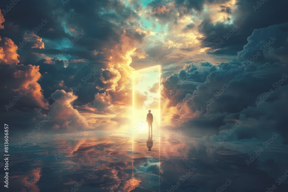 Wall mural a man stands in front of a large open door in a cloudy sky