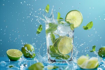 A dramatic image of a mojito cocktail splashing from a highball glass, with lime wheels and mint leaves floating, set against an azure background