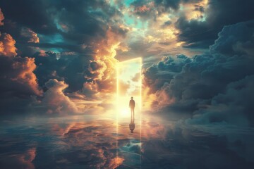 A man stands in front of a large open door in a cloudy sky