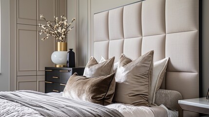A bedroom with a modern, wall-mounted headboard, a chic dresser, and a plush, velvet throw pillow